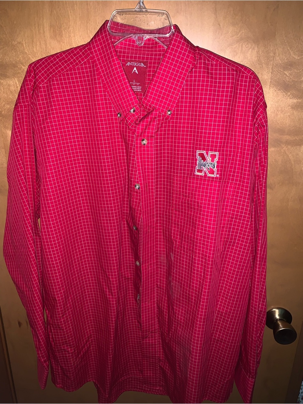 Antigua Men's Red Windowpane Button-Down Shirt with Embroidered N